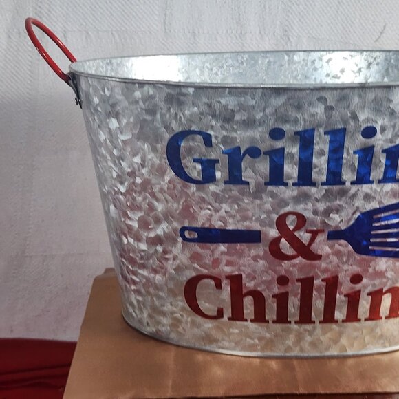True Living Red White Blue Aluminum Grillin & Chillin Oval Outdoor Ice Bucket - Picture 5 of 16